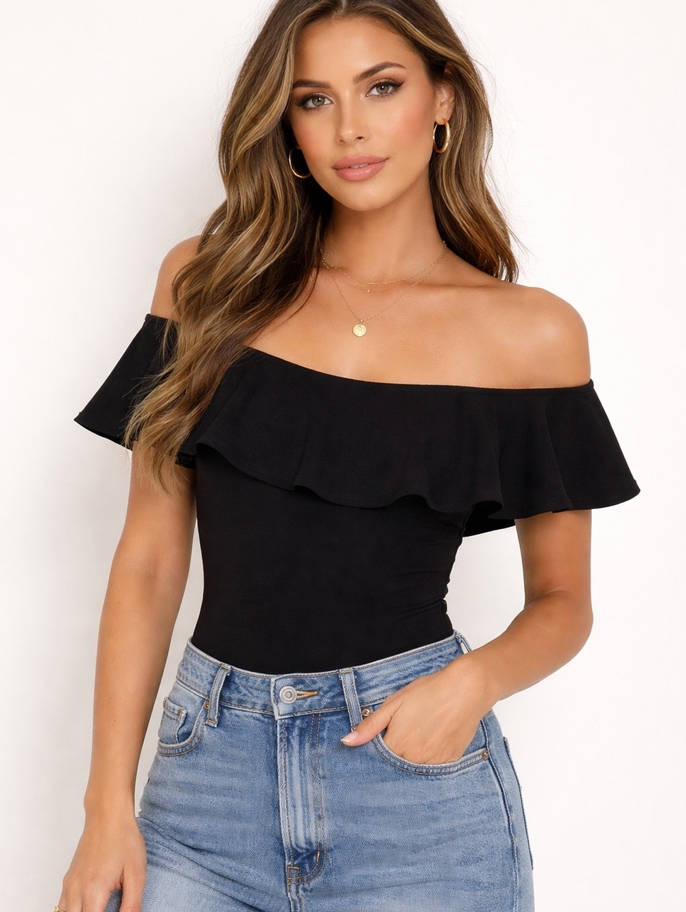 Chrissy Teigen X Revolve Classic Black Dramatic Ruffle Off Shoulder Bodysuit